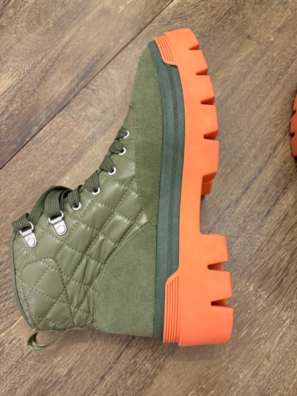 Keds Combat Boots Quilted Nylon Army Green with Coral Soles Women's 8.5 - Picture 5 of 9